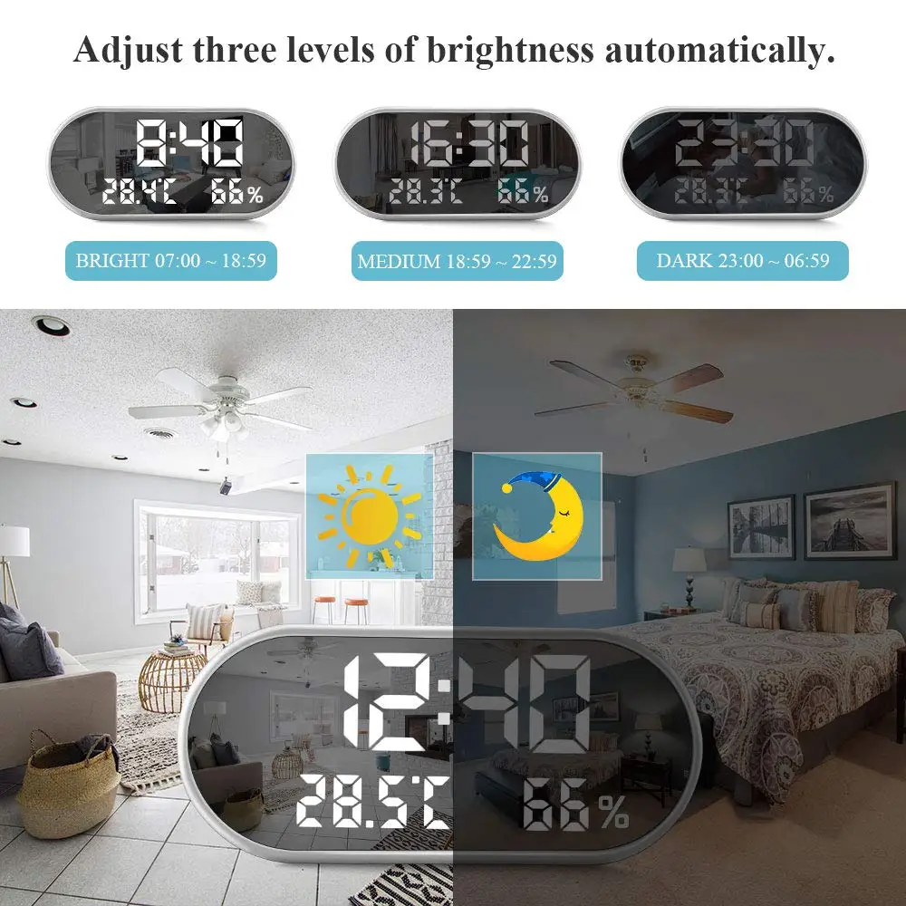 3 режима Автоматическая яркость прикроватные часы большой экран зеркало ночные часы влажность памяти Будильник с двойное зарядное устройство USB порт