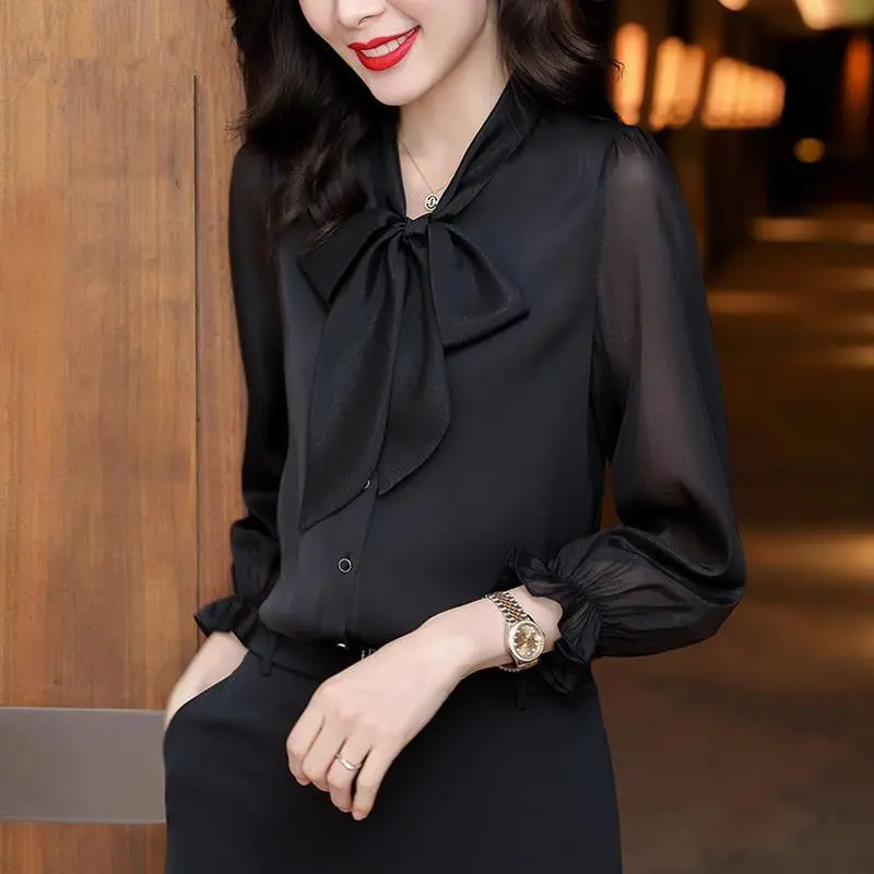 Camicetta Bianca A Maniche Lunghe Top Da Donna Con Colletto A Fiocco Camicia In Chiffon Camicia - 7