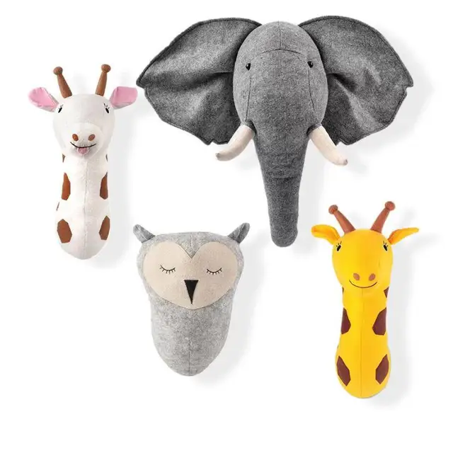 3D Elephant Giraffe Animal Head Wall Mount Decoration Hang Mural Stuffed Toy Nordic Home Room Nursery Kindergarten Artwork Decor 2