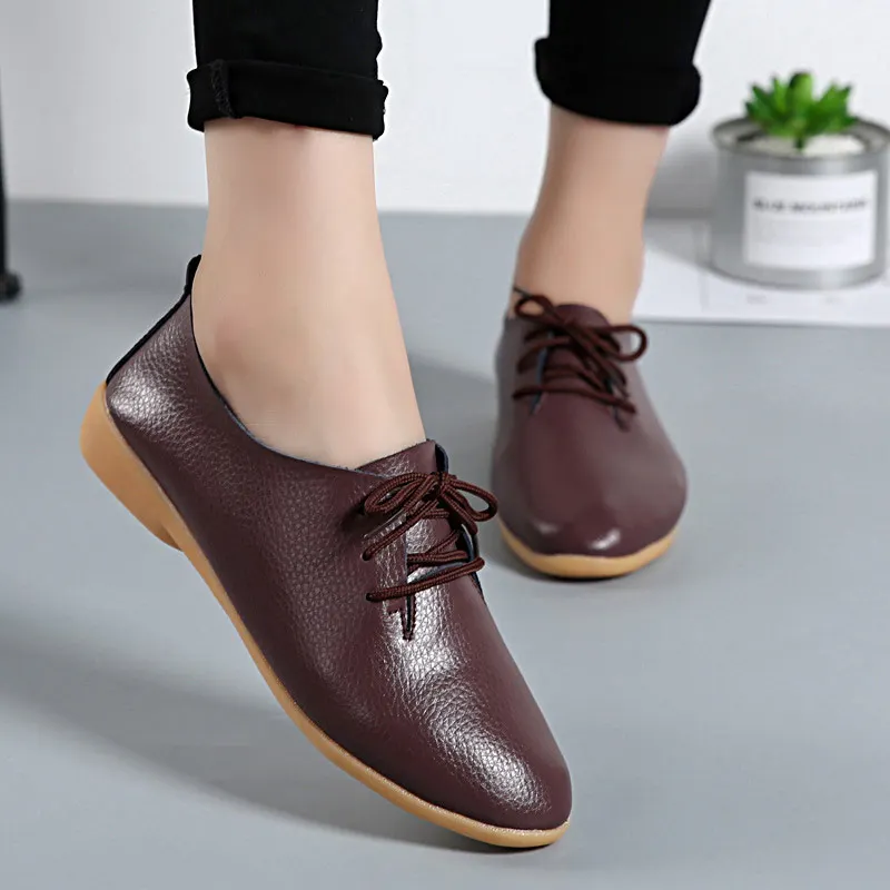Осенние кроссовки; женская обувь; лоферы; коллекция года; однотонная повседневная обувь из натуральной кожи; женская обувь на плоской подошве со шнуровкой; женские кроссовки - Цвет: Coffee
