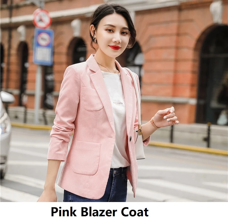 Pink Высокое качество Вельветовая ткань OL стили для женщин блейзеры куртки пальто с длинным рукавом с карманами для дам Профессиональный Blaser Топы - Цвет: Pink