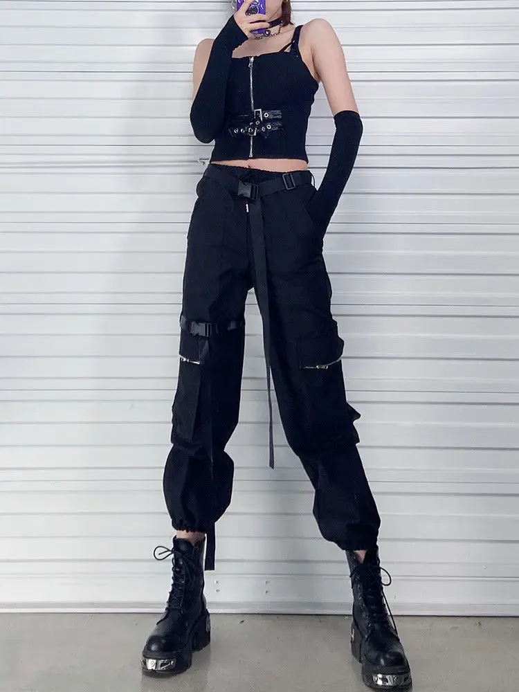 Description Picture 2 of itemQWEEK Techwear Gothic Black Cargo Pants Women Mall Goth Streetwear Joggers Oversized Pockets Loose Trousers For Female Punk Kpop