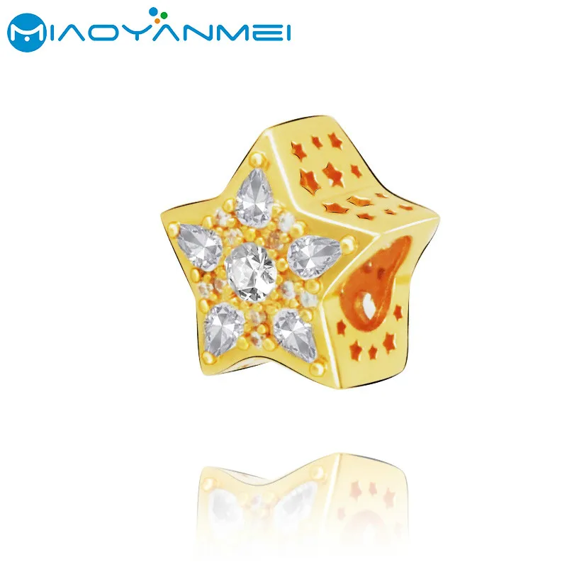 

SALE! 925 Sterling Silver Beads Fit Original Pandora Bracelets Pave Golden Pentagram Charm Women DIY Fashion Jewelry