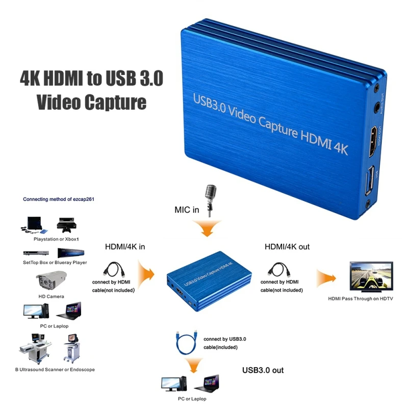  2019Newest Game Capture Card For HDMI USB 3.0 4K Portable Audio Video Dongle With Loop-out