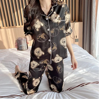 

Hot Sale Luxury Silk Pajama Sets For Women Spring And Summer Short Sleeve Long Trousers 2 Pcs Pyjamas Casual Pijama Sleepwear