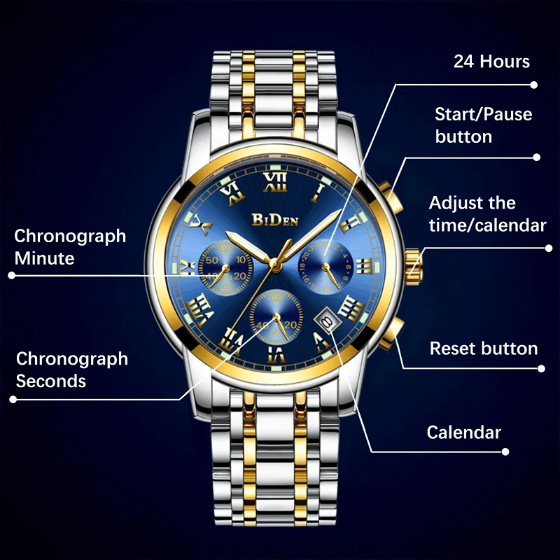 

BIDEN Luxury Luminous Watches Men Waterproof Stainless Steel Analogue Wrist Watch Chronograph Date Quartz Watch Montre Homme