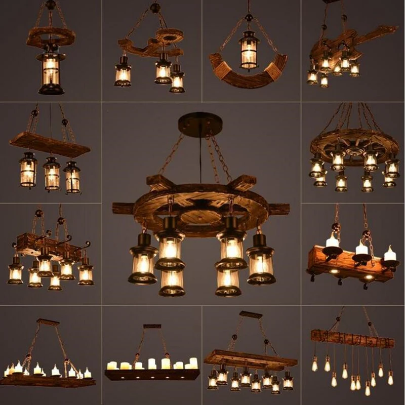 

Solid Wood lustre Vintage Chandelier Lighting lustre suspension Coffee Bedroom Lighting Iron+Wooden Lamp for loft decor