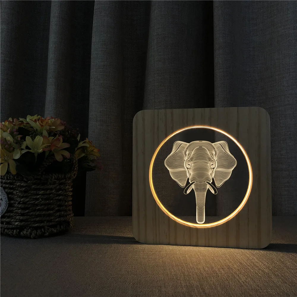 Elephant Anlimal3D LED Arylic Wooden Night Lamp Table Light Switch Control Carving for Children's Room Decorate Dropship | Освещение