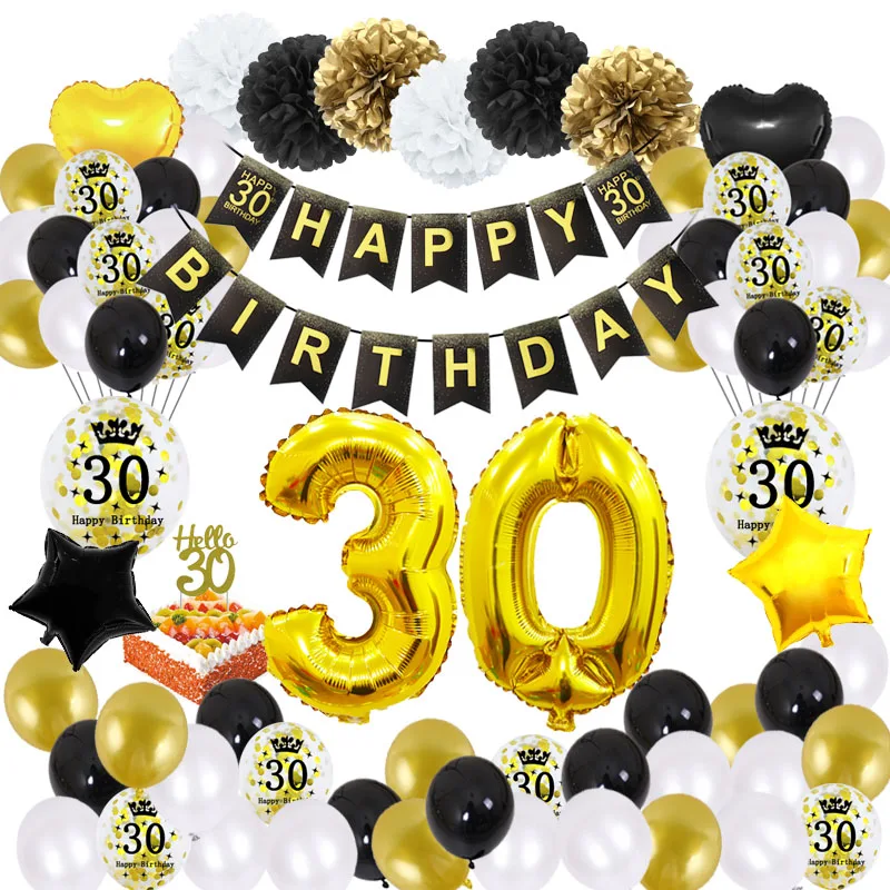 51pcs/Set 30 Birthday Party Decorations Black Gold Balloon Happy Birthday Banner 30th Years Birthday Woman Man Deco Anniversaire