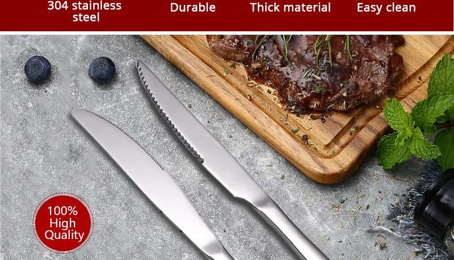 Description Picture 6 of itemKonco Stainless Steel Steak Knives Cutlery Western Style Table Dinnerware Set Serrated Blade Tableware Dinner Knife