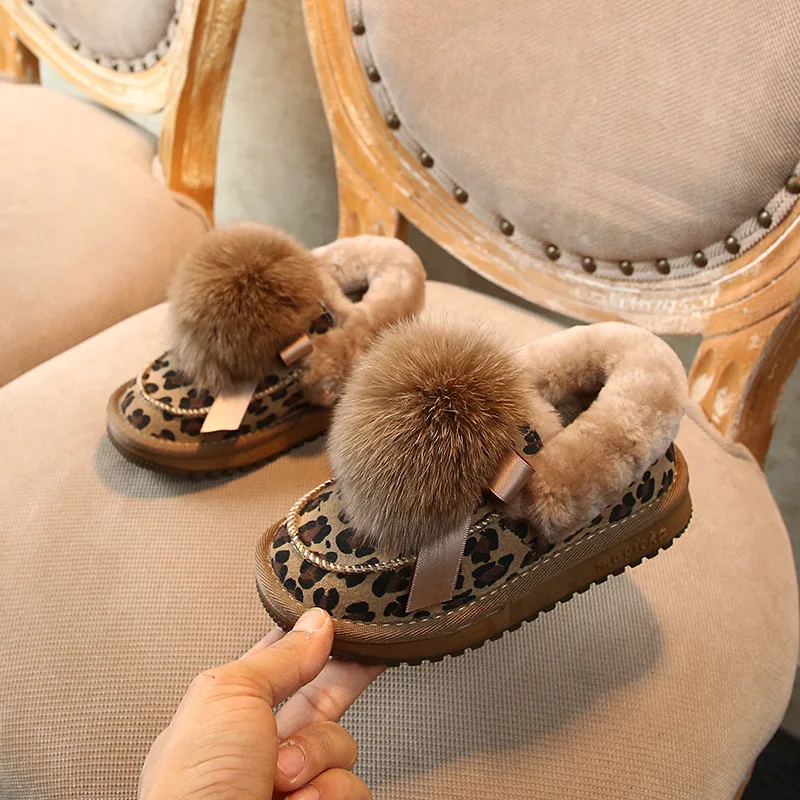 Leopard Print Children Snow Boots Big Wool Ball Girls Short Boots Warm Plush Cotton Shoes for Baby Slip on Winter Princess Shoes