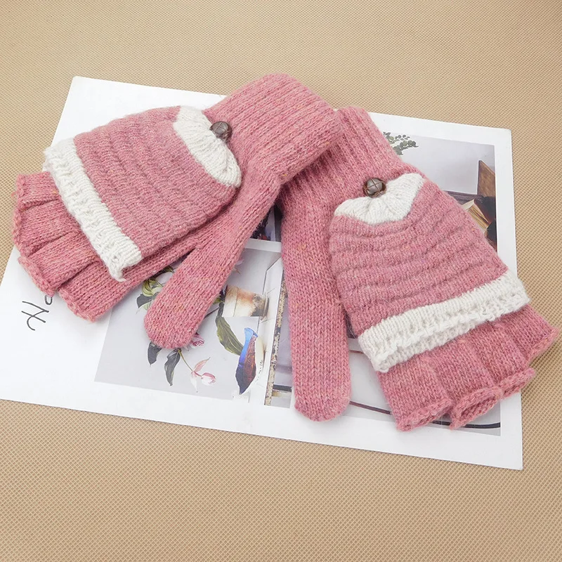 Pink 04 1 пара, женские перчатки на полпальца, Осень-зима, теплые перчатки для рук, искусственная шерсть, вязаные, мягкие, теплые, утепленные, Подарочные варежки - Цвет: Pink 04