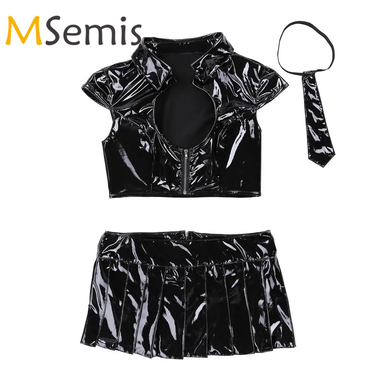 

Women's Lingerie Suit Wet Look Patent Leather Lingerie Set Cap Sleeve Crop Tops with Mini Pleated Skirt and Necktie Sexy Costume