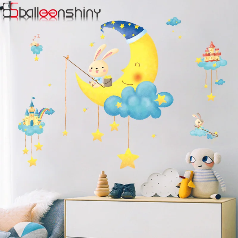 

Balleenshiny DIY Cartoon Rabbits Animals Stars Wall Sticker Clouds Stars Moon for Kids Room Baby Bedroom Nursery Home Decoration