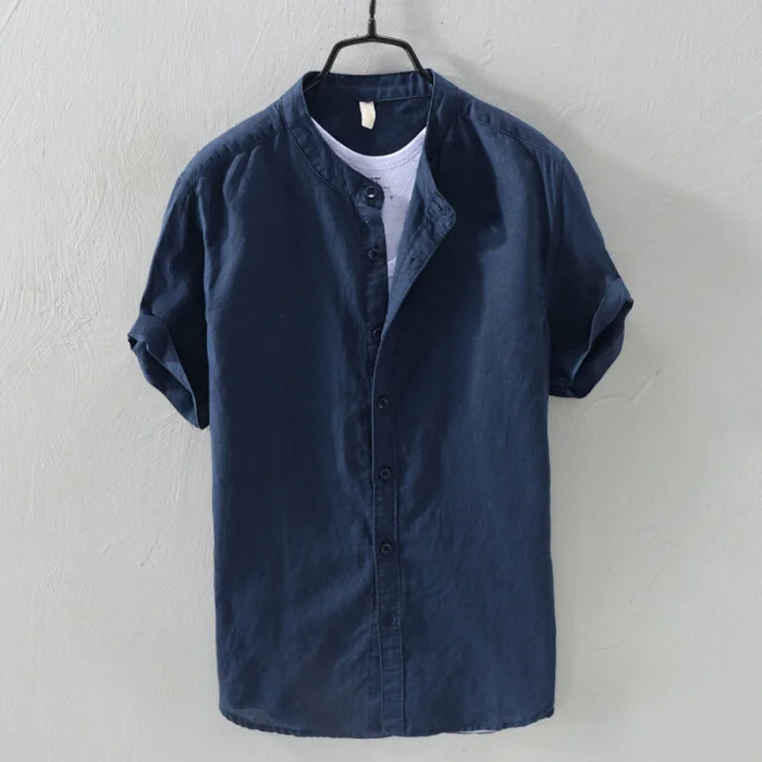 Newly Men Baggy Cotton Linen Solid Short Sleeve Button Down Shirts Tops for Summer FIF66