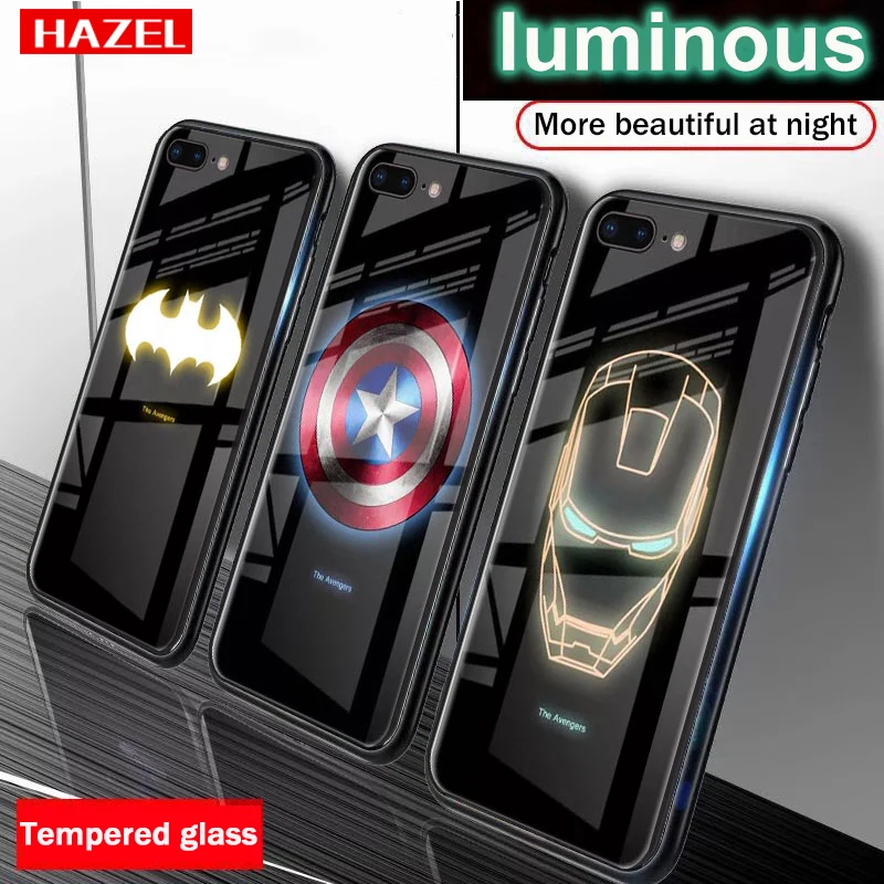 Marvel Avengers Luminous Tempered Glass Case for iPhone X XS MAX XR 10 6 6S 7 8 Plus 7Plus 8Plus 11 PRO Coque Batman Phone Cover |