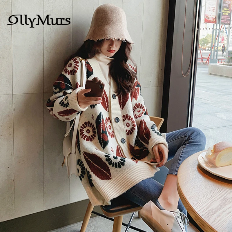 

Women Sweater Cardigans KM065 Vintage Printing V-neck Long Sleeves Cardigan Crop Top Female Loose Sweater Knitted Coats