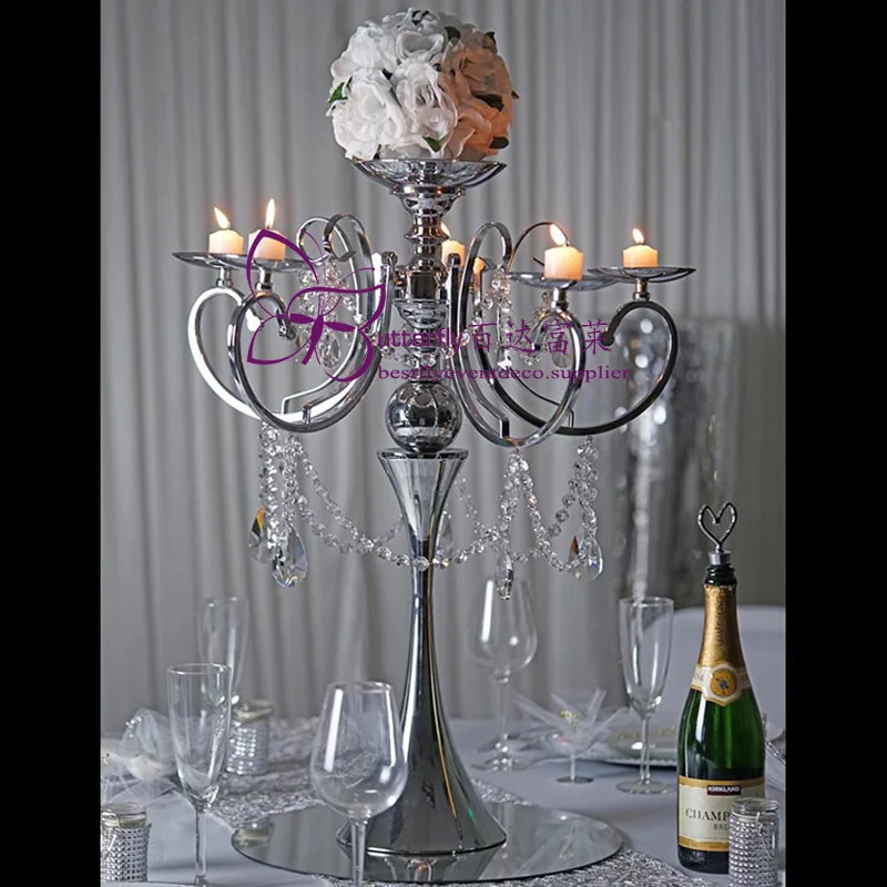 Candelabra 5 Arm Pillar Metal Candle Holder With Hanging Crystal Drops Wedding party Table Centerpieces