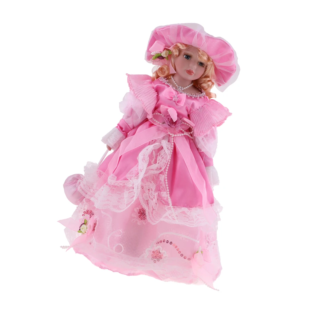40cm Porcelain Doll Beautiful Vintage Lady Figures in Pink Princess Clothes with Wooden Stand for Adults Collections 