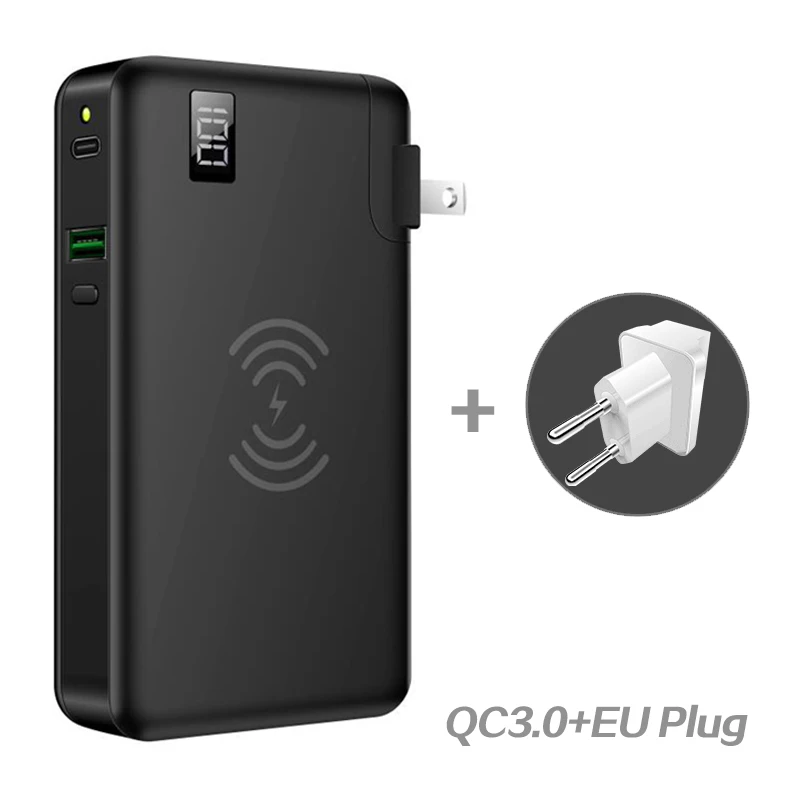 QC3.0 EU Plug Black 10000 мАч, Дополнительный внешний аккумулятор, беспроводное зарядное устройство QC3.0, быстрое зарядное устройство для Iphone, планшетов, huawei, 3 в 1, 18650, внешний аккумулятор, Тип C, USB, PD, Chagrer - Цвет: QC3.0 EU Plug Black