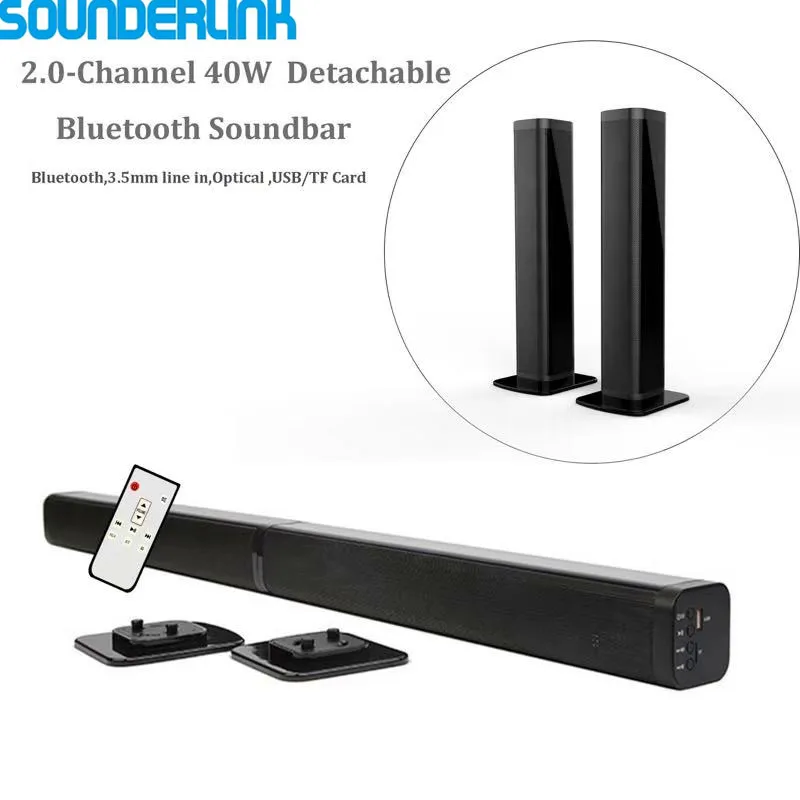Online Sounderlink inalámbrico desmontable Bluetooth TV Soundbar altavoz Home Theater Bar soporte óptico SPDIF AUX IN para el hogar