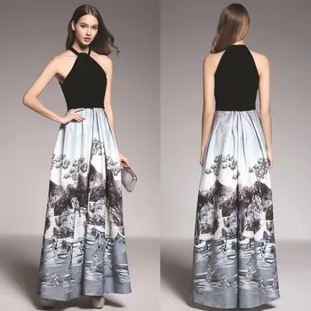 

Chinese Style Halter Neck Evening Dress Sleeveless 2020 Velvet Printed Prom Dresses Splash Ink A-line Red Carpet Celebrity Dress