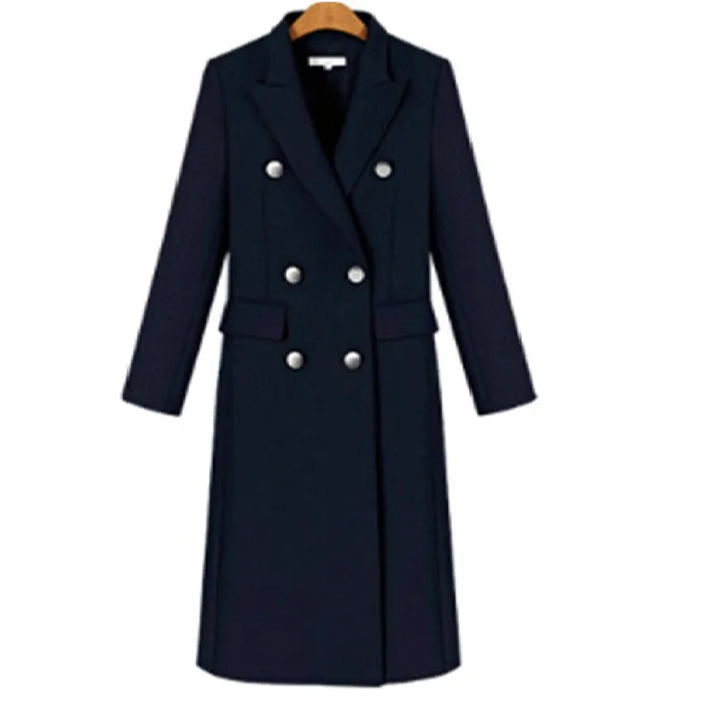 navyblue Демисезонный Для женщин блейзеры Модные Плотные длинные Стиль с двумя рядами пуговиц, тонкое женское пальто с твердым отложным блейзеры с воротом для Для женщин костюм верхняя одежда для детей - Цвет: navyblue