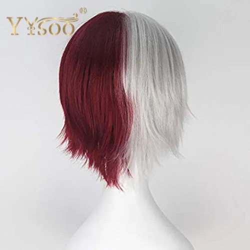 YYsoo, парик для косплея My Hero Academy Todoroki Shoto, короткий, полусеребристый, белый, красный, смешанные волосы, синтетический парик, швейная машина, аниме, парик