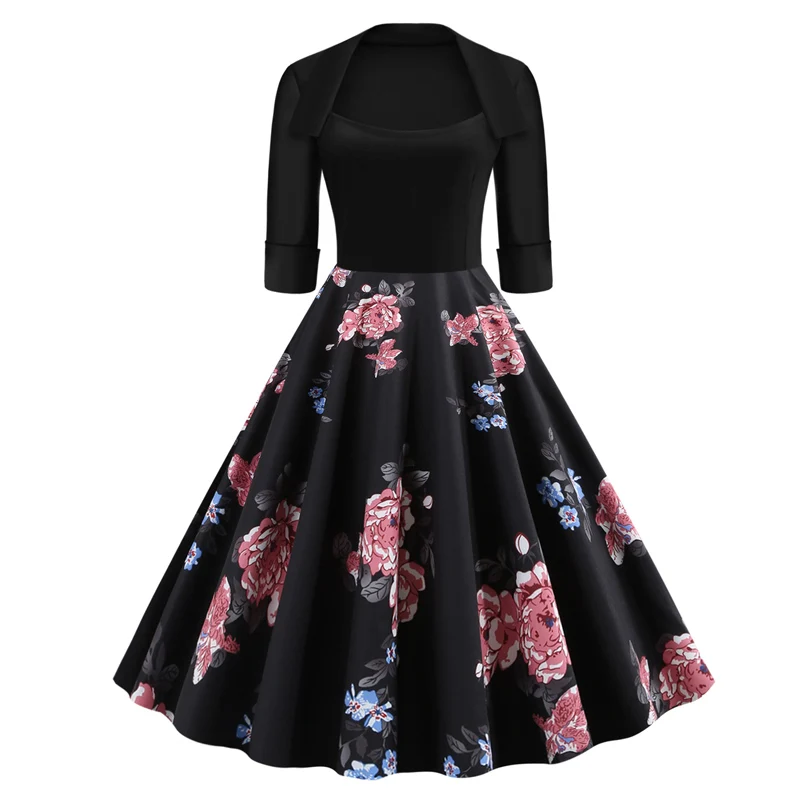Pink Flowers Tonval, Осеннее женское платье с квадратным вырезом, 50 S, 60 S, с цветочным принтом, на булавке, 3/4, длина рукава, винтажное платье, элегантные платья - Цвет: Pink Flowers