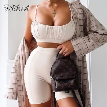 

FSDA Women Summer Two Piece Set Sport Crop Top Ruched Spaghetti Strap And Pants Biker Shorts Casual Black Sleeveless Workout