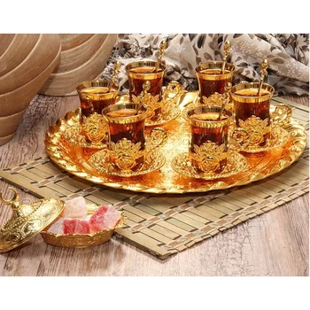 

New Turkish Tea Serving Set For Six People With Tray And Spoons
