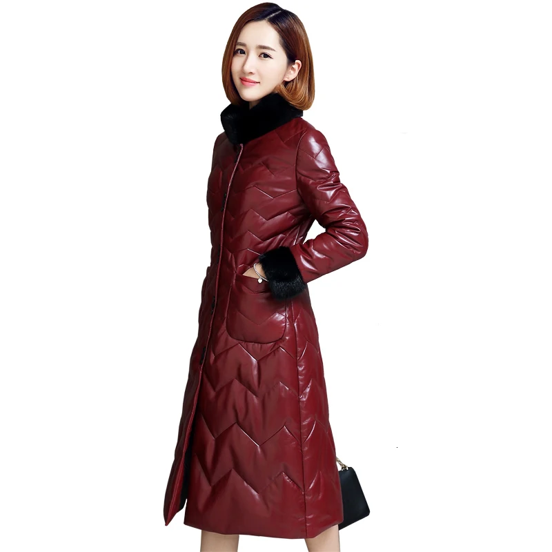 Зимняя женская куртка из натуральной кожи длинное пальто овчины Воротник меха