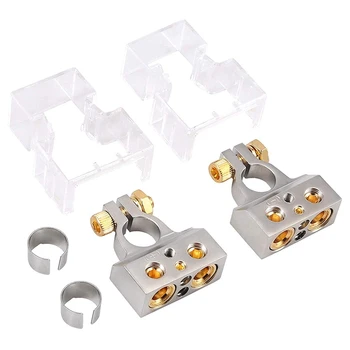 

HFES 2PCS 0/4/8/10 Gauge AWG Car Battery Terminal Connectors with Spacer Shims,Positive Negative Chrome Battery Terminals