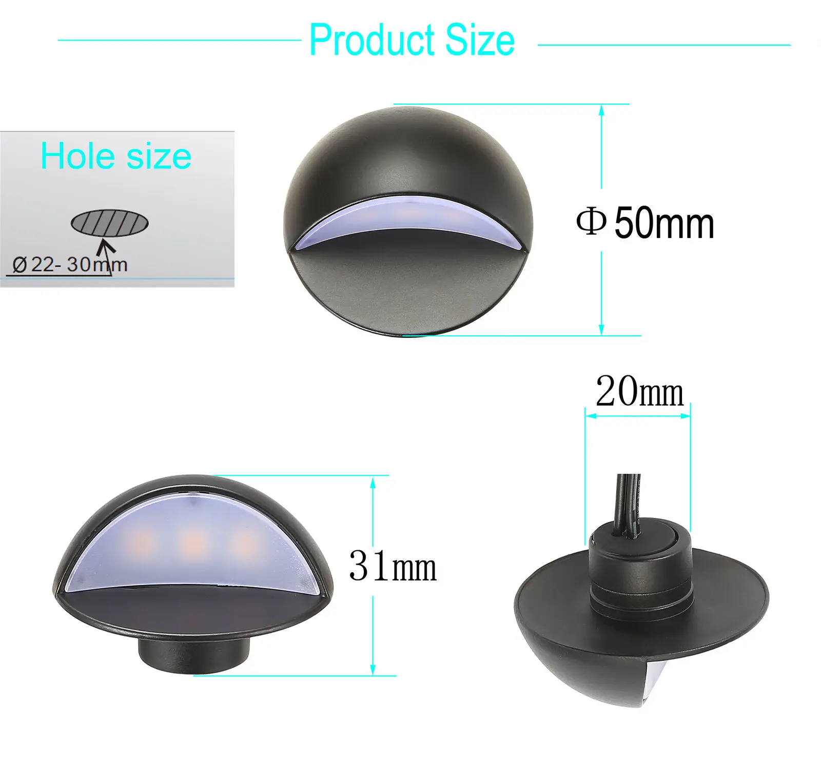 Description Picture 2 of item1 Piece 50mm 12V 1.6W IP67 Black Half Moon Outdoor Garden Yard Pathway Plinth Corner LED Deck Stairs Step Fence Post Lights Kit