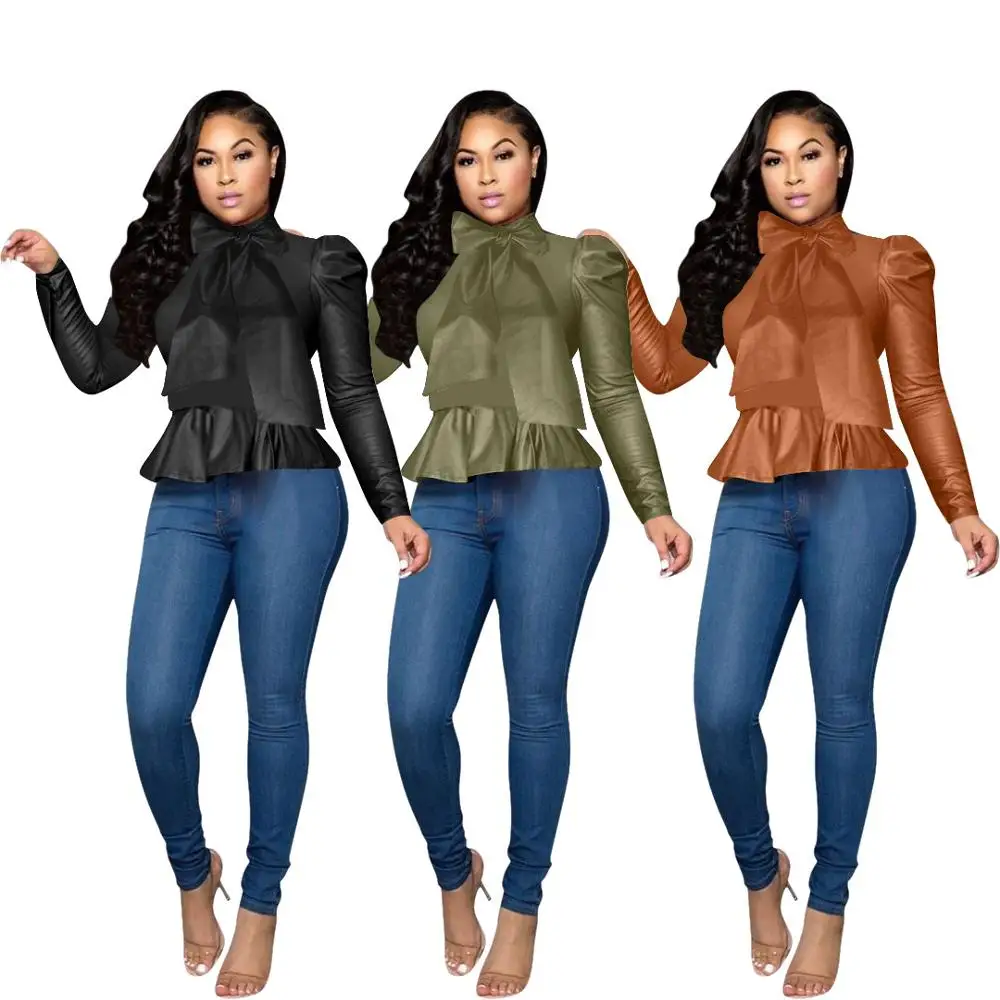 

Woman Puff Sleeve Khaki Tops And Shirt Spring Autumn Ladies Button Solid Leather Shirt Female Blouse S112