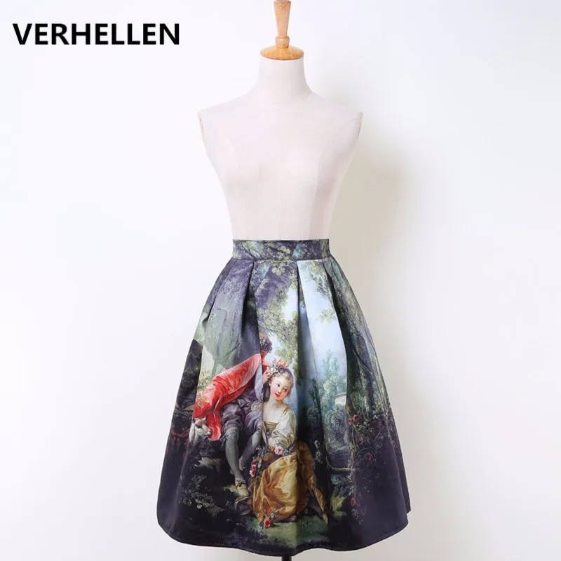 VERHELLEN/; осенний стиль; женская мода; Одри Хепберн; принт; высокая талия; плиссированные юбки; повседневная одежда; Saia Feminina