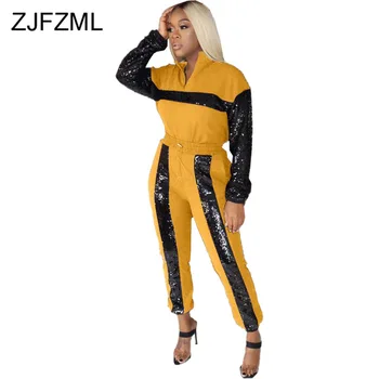 

Sequins Panelled Causal 2 Piece Set Track Suit Women Standing Collars Long Sleeve Crop Tops + Long Trousers Autumn Winter Set