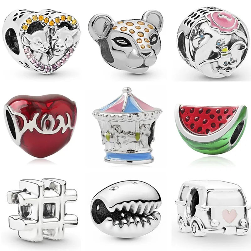 

Low Price Small Hearts Watermelon Elephant Car Mickey Pendants Beads Fit Original Pandora Charms Bracelets for Women DIY Gifts