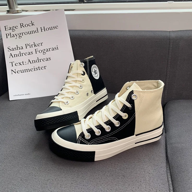 Canvas Shoes Vulcanized-Shoes Woman High-Top Black Chic Colorblock Beige Classic Students