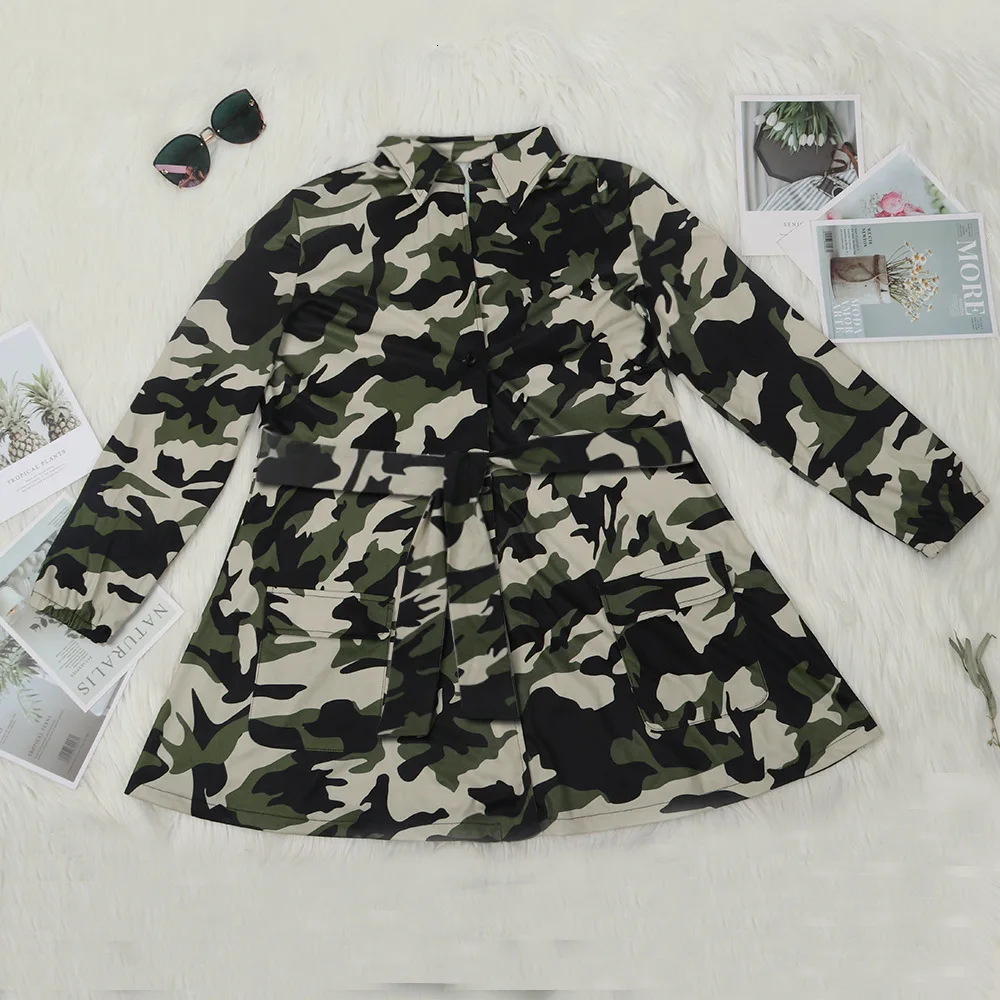 5XL размера плюс, женские куртки Для женщин длинные пальто с капюшоном с камуфляжным принтом пояса длинный рукав на пуговицах, с отложным воротником платье трапециевидной формы, верхняя одежда