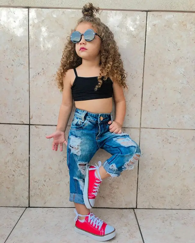 1-5Y Summer Kids Baby Girls Outfit Sets 2Pcs Solid Sleeveless Sling Camis Ribbed Crop Top Ripped Jeans Pants Fashion Girl Sets kids clothing set girls clothing set