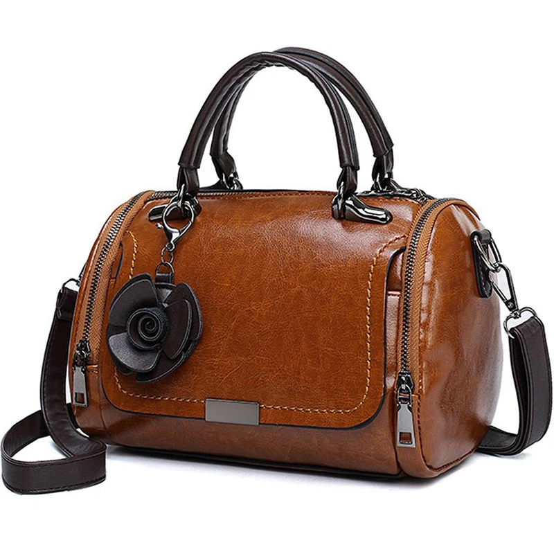 

Women Small Mini Oil Wax Flower Tote Handbag Top-Handle Purse(Brown)