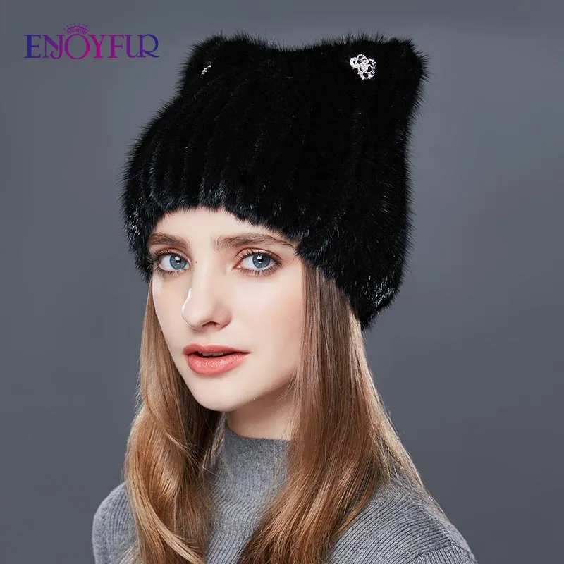 ENJOYFUR шапки из натурального меха норки для женщин, милая Толстая зимняя шапка с кошачьими ушками, женская модная меховая шапка, стразы, вязаные шапки