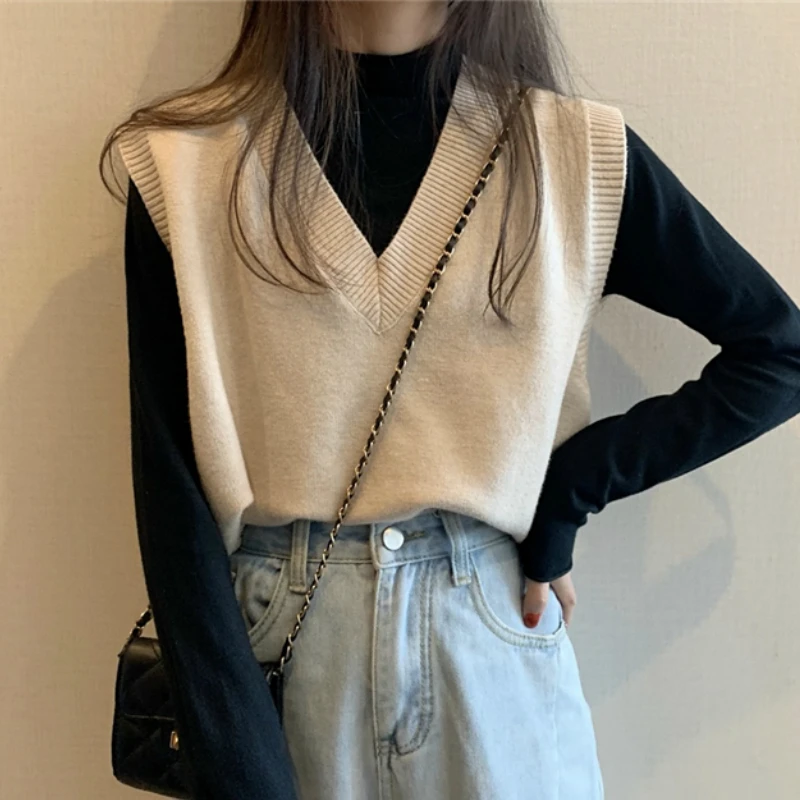 Sweater Vest Women Solid Knitted V-Neck Sweaters Vests Womens Fashion  Casual Retro Korean Style Sleeveless Outwear Simple Chic - AliExpress