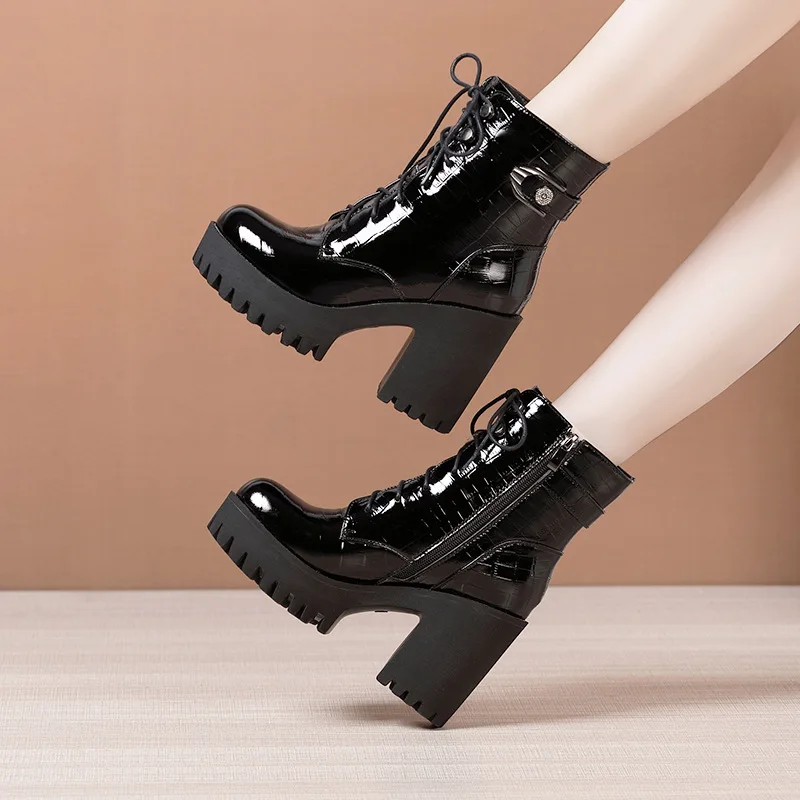 Plus Small Size 32-43 Block Heel Platform Shoes Women Patent Leather Boots  2022 Fall Winter High Heels Ankle Booties Student - AliExpress