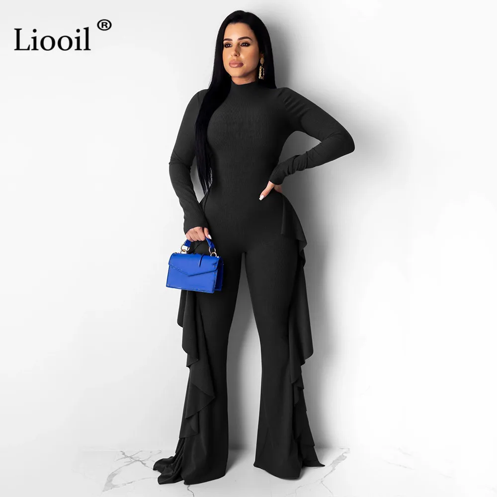 Liooil Сексуальные облегающие комбинезоны с оборками для женщин, с длинным рукавом, с вырезами, облегающие, вечерние, Клубные комбинезоны, женский комбинезон, черные комбинезоны