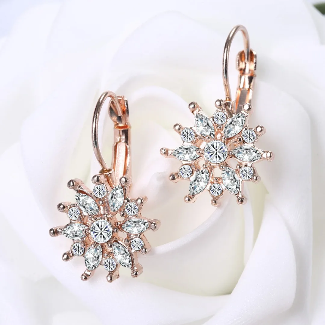 Fashion Princess Luxury Crystal Snow Flower Silver Gold Plated Hoop Earring for Women CZ Bridal Wedding Earring Jewelry Gift