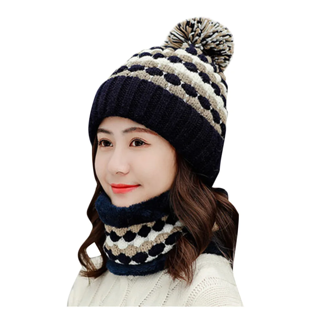 Новинка,, модная женская зимняя вязаная шапка с шариковым воротником, набор, Толстая теплая одноцветная шапка с наушниками, ветрозащитная теплая зимняя шапка# N01 - Цвет: Black