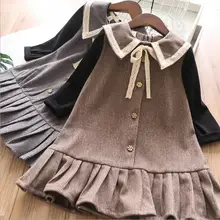 Детские платья для девочек, коллекция года, осенние платья в клетку с кружевным отложным воротником модный костюм принцессы высокого качества платье для девочек