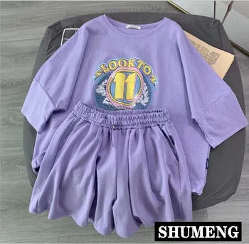 

Summer Women Tee Top Shorts Set 2 Pieces 2020 New Ulzzang Loose Short Sleeve Oversized T Shirt Elastic Waist Shorts Sports Suit